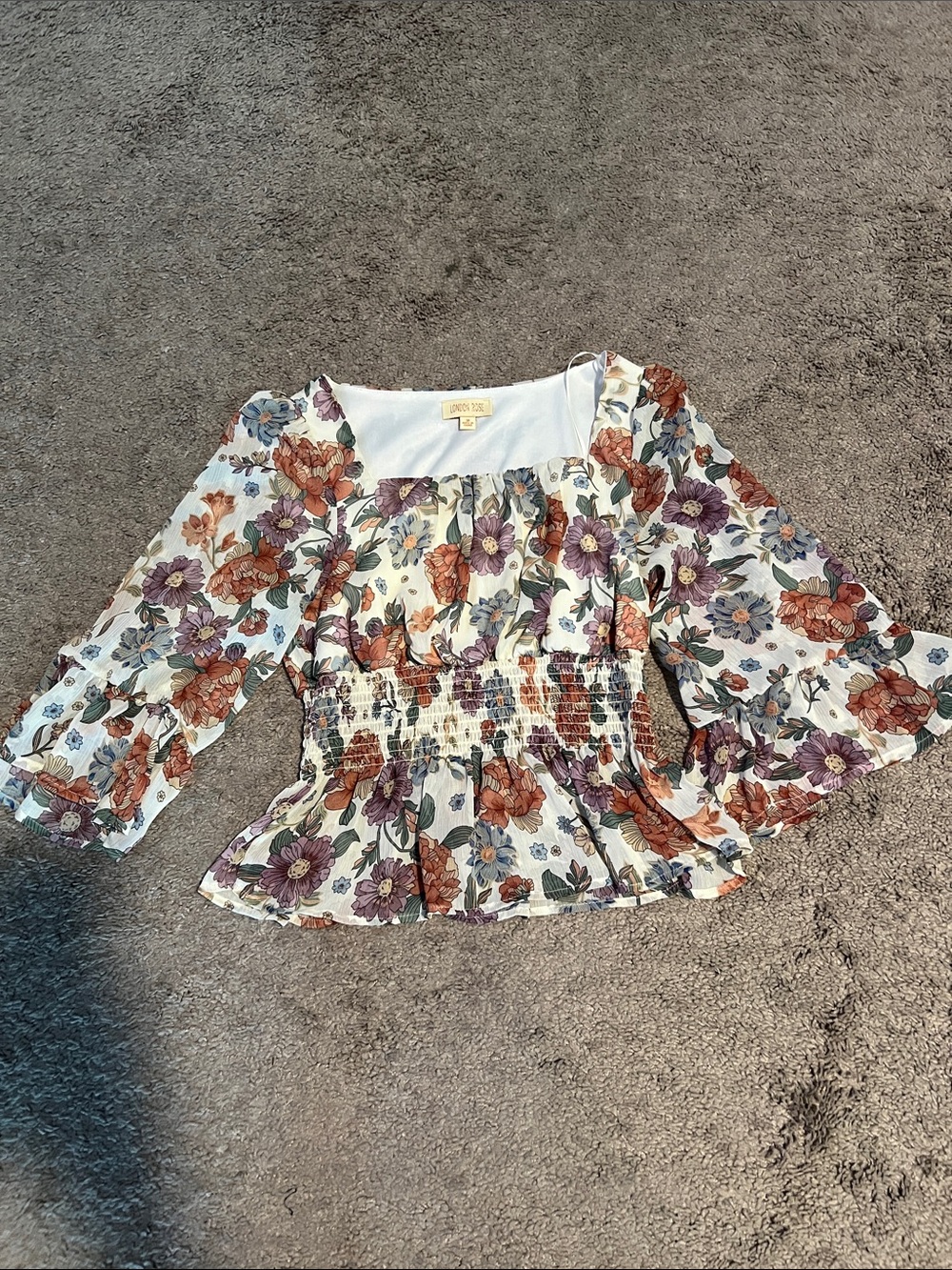 Cream Floral Square-Neck Peplum Blouse with Rust & Purple Flowers